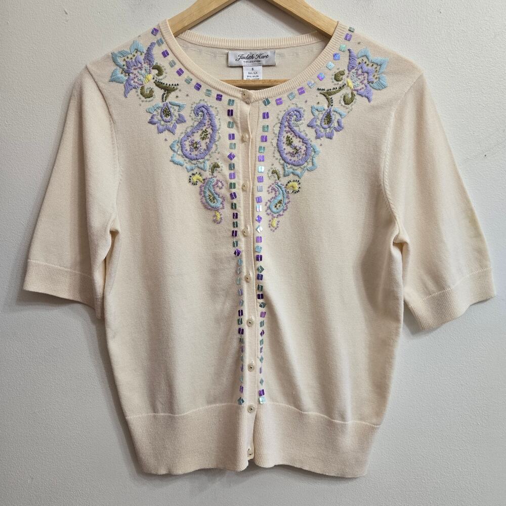 Judith Hart Vintage 90s Y2K Fairy Cottage Beaded Embroidered Sequins Cardigan S